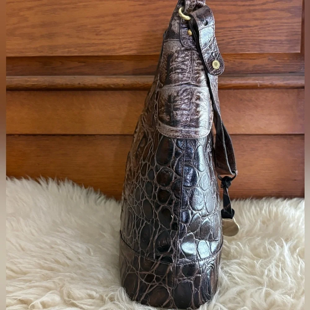 Brahmin Esme Crocodile-Embossed Leather in Pecan Melbourne Satchel Bag with COA